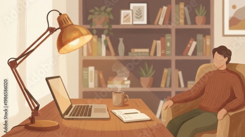 Cozy Home Office Scene with Desk Lamp Laptop and Relaxed Person