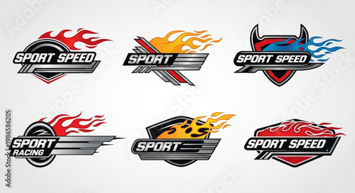 Set of Six Sport Speed and Racing Emblems with Flames.
