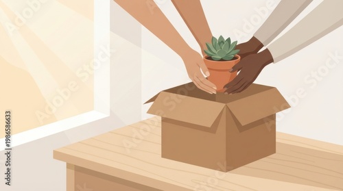 Diverse Hands Placing Small Potted Plant Into Open Cardboard Box
