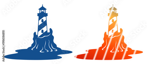 Stylized lighthouses stand tall on rocky bases, casting colorful reflections on the water below.