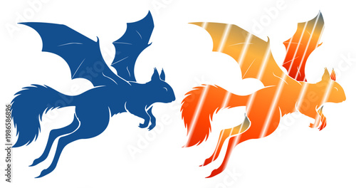 Whimsical winged squirrels, one blue, one fiery orange, soaring against a white background.