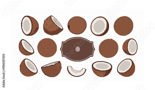 Cartoon coconut vector with vintage brown badge label tropical fruit sticker illustration isolated on white background