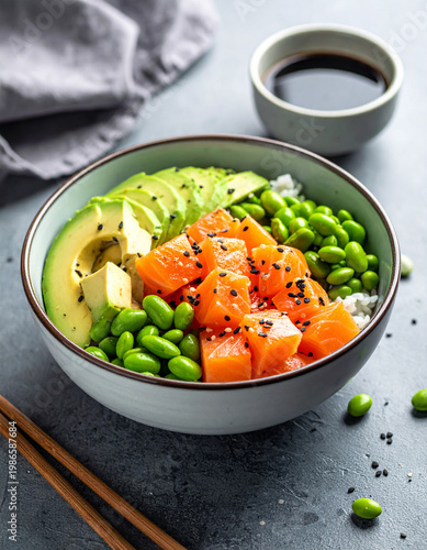 Bowl de poke saludable con salmón y aguacate