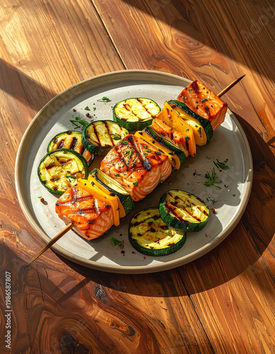 Brochetas de salmón y verduras a la parrilla
