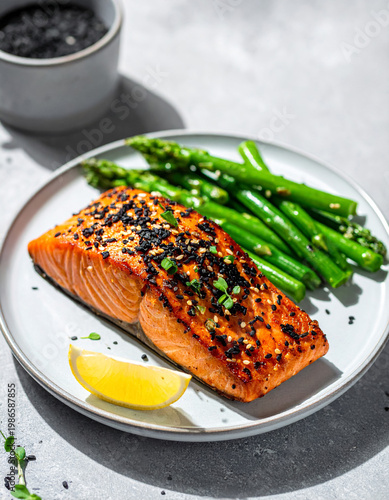 Salmón con costra de sésamo en fondo gris