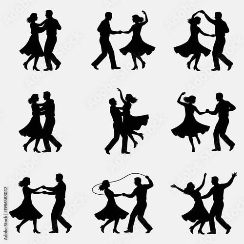 Set of swing dance couple silhouettes in energetic poses, vintage social dance partners collection, black isolated icons for party, retro music, performance and movement