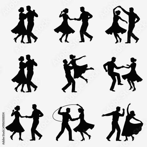 Set of swing dance couple silhouettes in energetic poses, vintage social dance partners collection, black isolated icons for party, retro music, performance and movement
