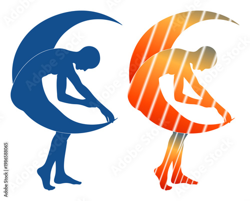 Abstract silhouette of a person in crescent moon poses, representing duality and transformation.