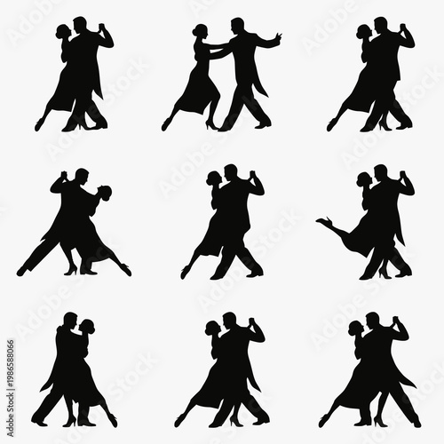 Set of tango dancing couple silhouettes in dramatic poses, elegant ballroom dancers collection, black isolated icons for romance, performance, wedding and dance design