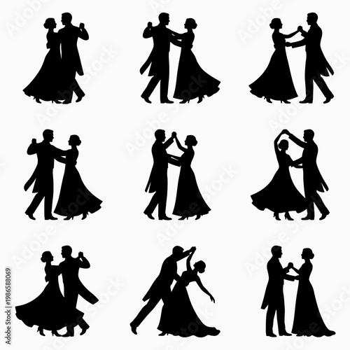 Set of ballroom dancing couple silhouettes in elegant poses, waltz dancers collection, black isolated icons for romance, wedding, performance and classic dance design