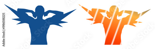 Two stylized figures, one blue and one orange, with outstretched arms symbolizing victory or celebration.