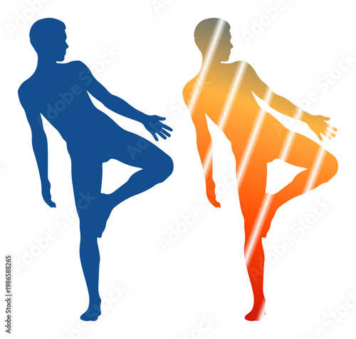Silhouette of a man in a balancing yoga pose, one in blue, the other in a warm gradient.