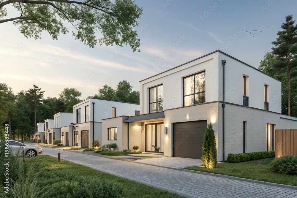 Fototapeta premium A row of houses with a brick facade and a white roof