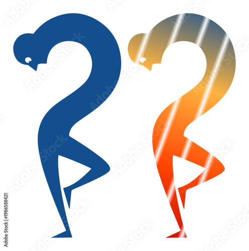 Two abstract figures in question mark poses, one blue, one warm gradient, symbolizing doubt and inquiry.