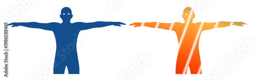 Two stylized human figures, one blue and one orange, with arms outstretched against a white background.