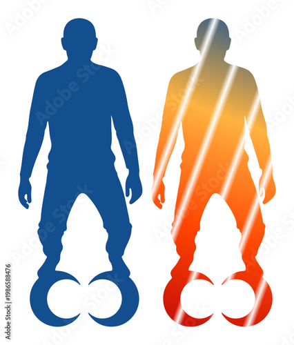 Two stylized human figures with contrasting colors representing duality and perspective