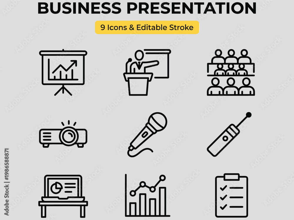 Fototapeta premium Business presentation icons set with editable stroke including projector screen graph and people business communication symbols