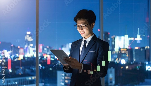 Man with Tablet City View.