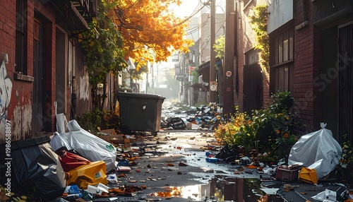 A littered alleyway between buildings on a sunny day