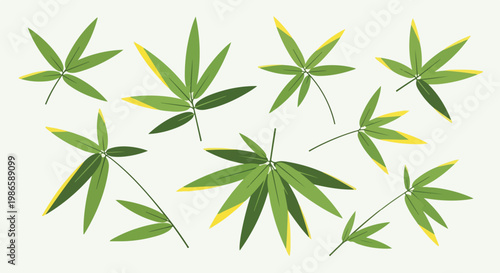 A digital illustration of green leaves with yellow tips on a beige background