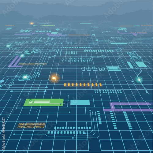 A futuristic digital landscape with a grid pattern and various neon-colored symbols