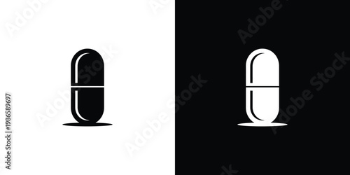 Black and white capsule pills on split color background