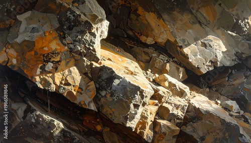 A rocky cliff face with warm orange and gray hues