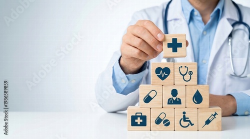 Health Insurance Concept, Hand arranging wood cube stacking with icon healthcare medical on wood background, copy space, financial concept. with care