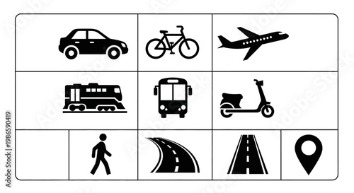 Diverse Transportation Icons: Car, Bicycle, Airplane, Train, Bus, Scooter, Pedestrian, Road