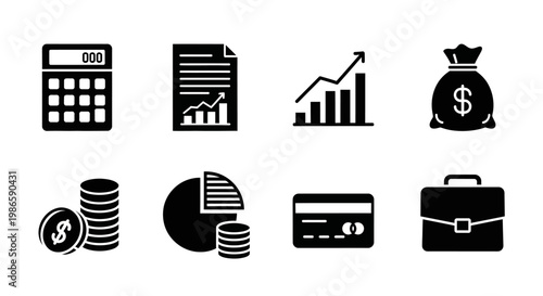 Financial Icons Set: Calculator, Document, Graph, Money Bag, Coins, Pie Chart, Card, Briefcase