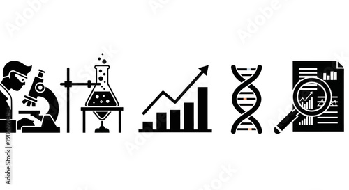 Science and Research Icons: Microscope, Flask, DNA, Graph, Magnifying Glass
