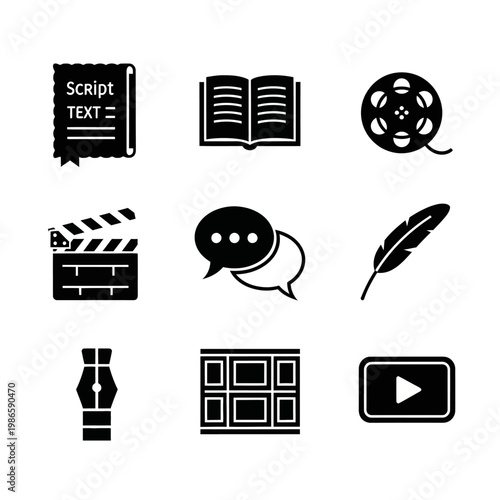 Filmmaking and Writing Concept Icons: Script, Book, Film Reel, Clapperboard, Speech Bubbles, Feather, Pen, Storyboard, Video