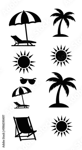 Summer Beach Icons: Palm Trees, Sun, Umbrellas, Loungers, Sunglasses - Black Silhouettes