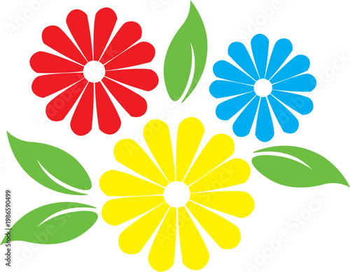 Vibrant and stylized floral arrangement featuring bright red, blue, and yellow blossoms with lush green leaves, embodying the refreshing essence of nature and growth in a cheerful graphic design