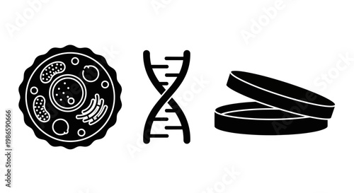 Microbiology and Genetics Icons: Cell, DNA, Petri Dish