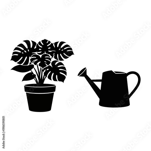 Monstera Plant in Pot with Watering Can Silhouette, Houseplant Care Concept