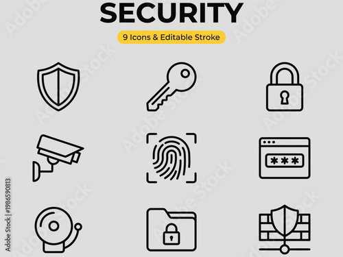 Security icons set with shield key lock camera fingerprint login protection symbols  web design elements