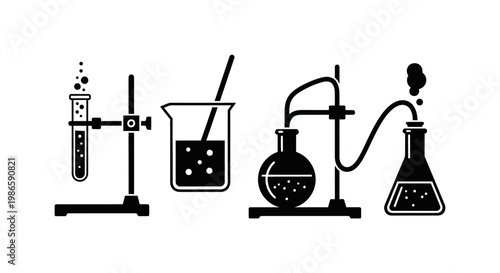 Chemistry Lab Equipment Icons: Beaker, Flasks, Test Tube, Stand, Stirrer
