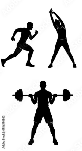 Silhouettes of people exercising: running, stretching, and weightlifting