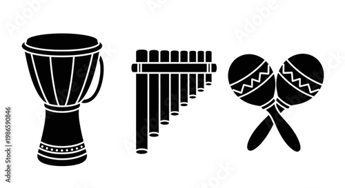 Set of three black musical instruments: djembe drum, pan flute, and maracas, isolated on white.