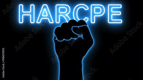 Wallpaper Mural Neon glowing text HARCPE and strong fist silhouette in dark Torontodigital.ca