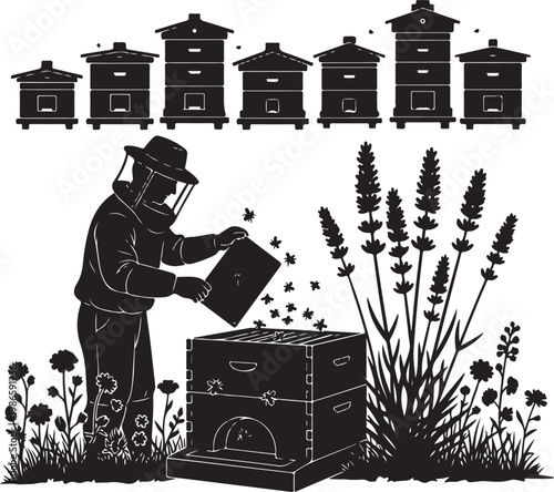 Beekeeper tending apiary with silhouette bees and lavender flowers, Generative Ai