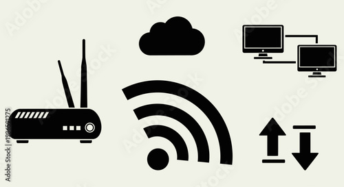 Wireless Router and Network Connection Icons: Cloud, Wi-Fi, Data Transfer, Computers
