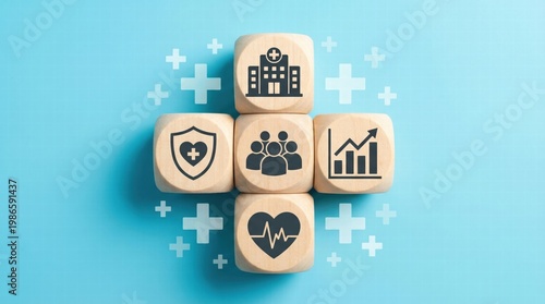 Health Insurance Concept, Hand arranging wood cube stacking with icon healthcare medical on wood background, copy space, financial concept. with health
