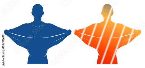 Two abstract figures stretch fabric, symbolizing connection and contrast.