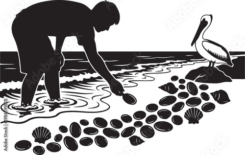 Silhouette of a person collecting seashells on a beach with a pelican, Generative Ai