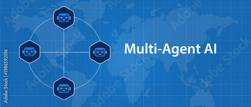 multi agent artificial intelligence AI system network with robot icons connected in a circular grid over a blue world map background representing global automated coordination distributed computing