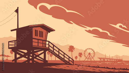 Retro Santa Monica Beach Lifeguard Tower Illustration