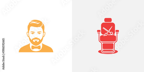 Orange man with beard and red barber chair bow tie