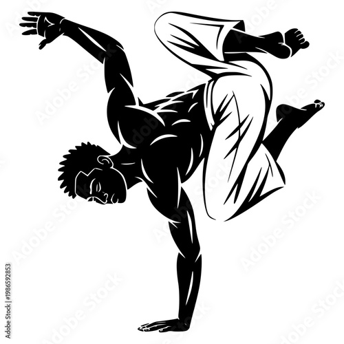 Dynamic high-contrast vector illustration of a male dancer performing a handstand. Powerful silhouette of an athlete in an acrobatic pose, suitable for capoeira, hip hop, or fitness branding.